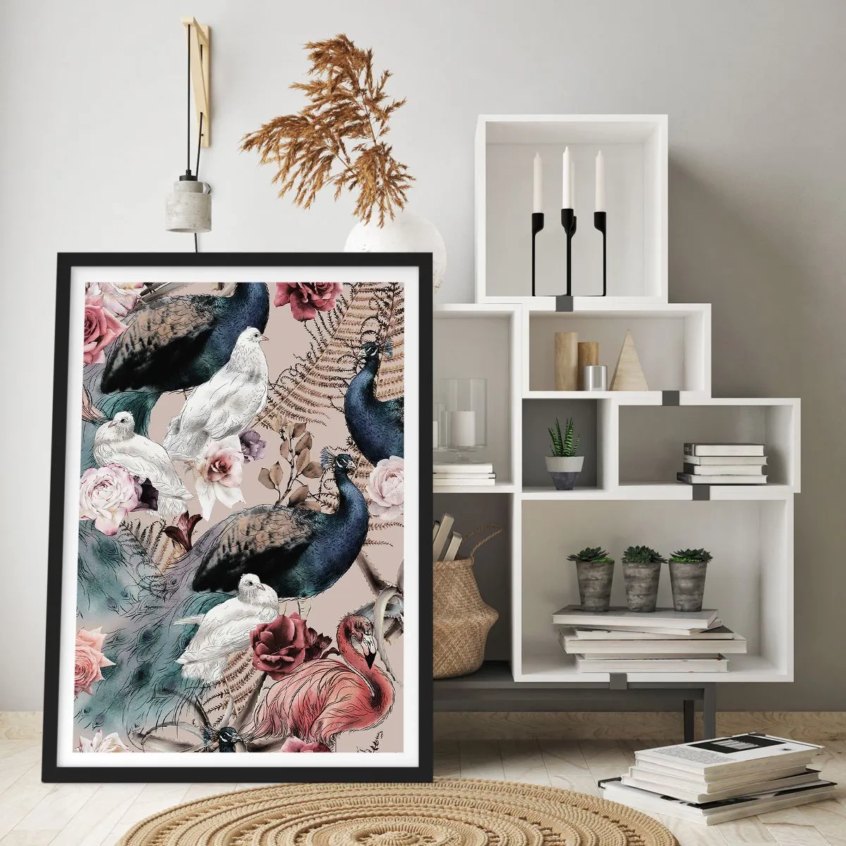Poster în ramă neagră - Păsări și flori colorate pe un fundal bej - 50x70cm - În grădina palatului - Decorațiune modernă pentru perete pentru living și dormitor ARTTOR