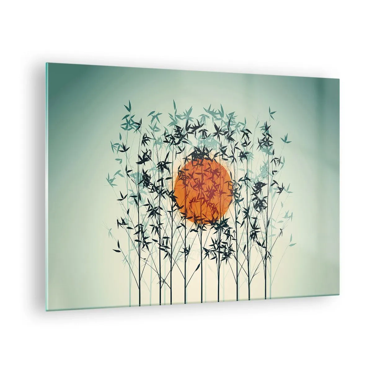 Tablou pe sticlă - Soare roșu printre frunze delicate de bambus - 70x50cm - Soarele japonez - Decorațiune modernă pentru perete pentru living și dormitor ARTTOR