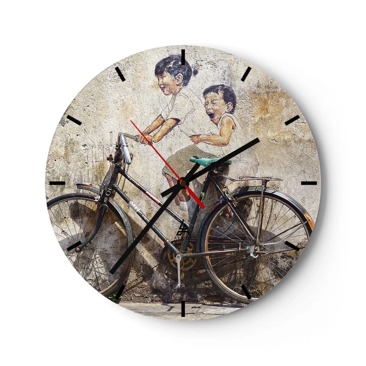Ceas de perete - Ceas pe sticlă - Un perete cu un tablou cu copii pe bicicletă - 30x30cm - Adevărat sau fals? - Decorațiune modernă pentru perete pentru living, bucătărie și dormitor ARTTOR