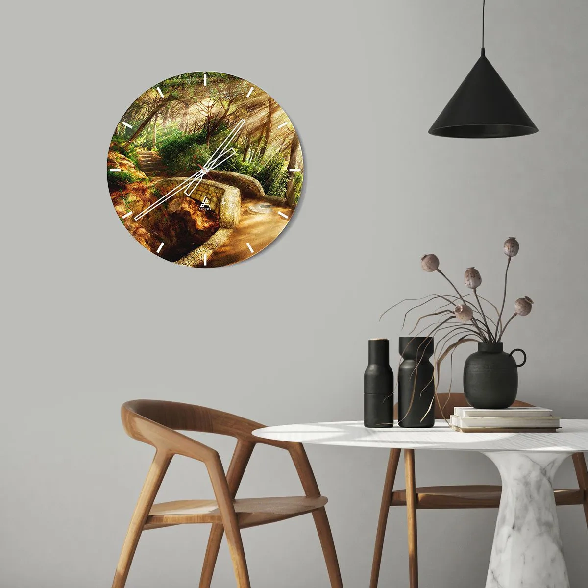 Ceas de perete - Ceas pe sticlă - O potecă de pădure cu un pod de piatră în razele soarelui - 30x30cm - Direct de pe pod în pădurea de basm - Decorațiune modernă pentru perete pentru living, bucătărie și dormitor ARTTOR