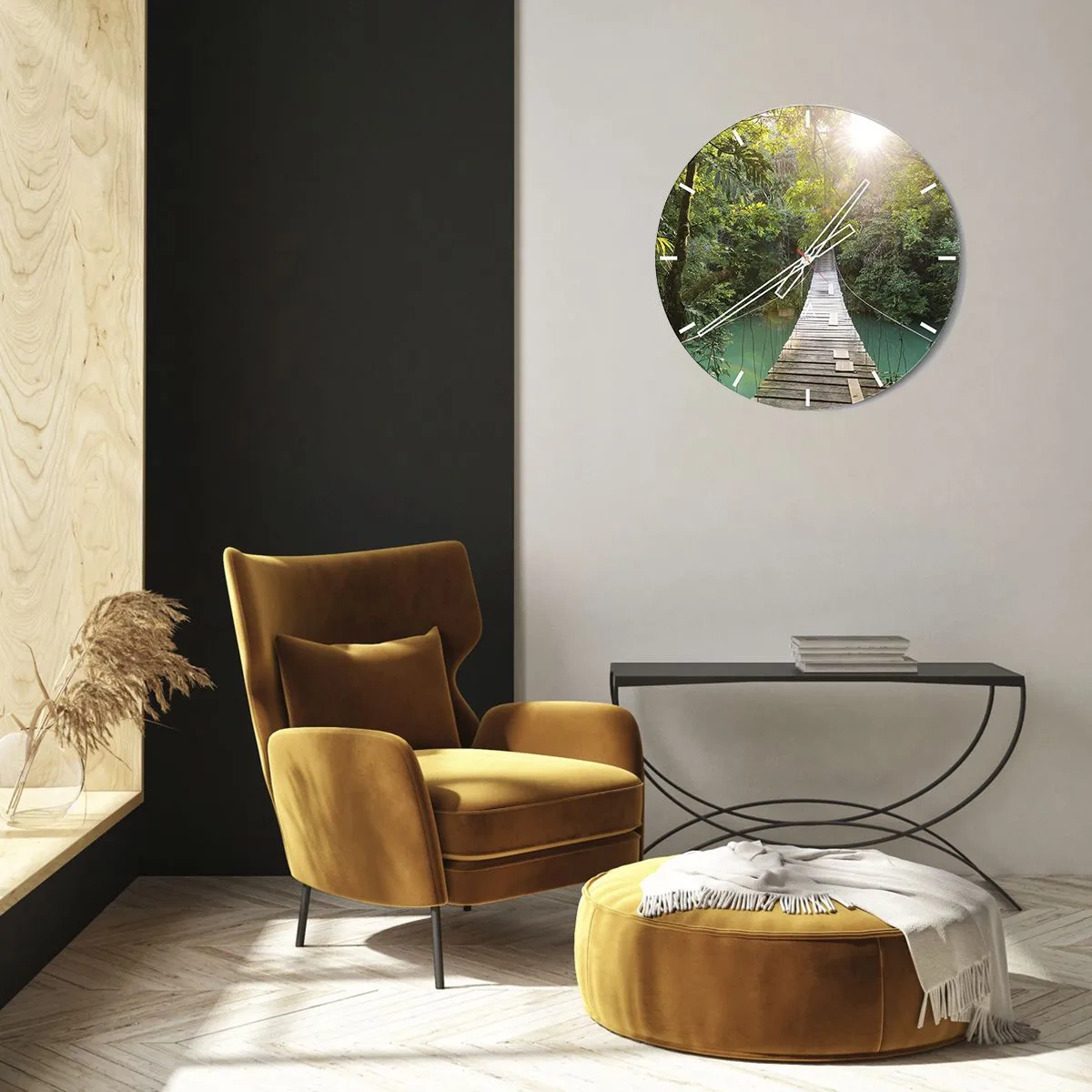 Ceas de perete - Ceas pe sticlă - Pod suspendat din lemn în jungla tropicală în zori - 30x30cm - Peste apa de azur spre pădurea de azur - Decorațiune modernă pentru perete pentru living, bucătărie și dormitor ARTTOR