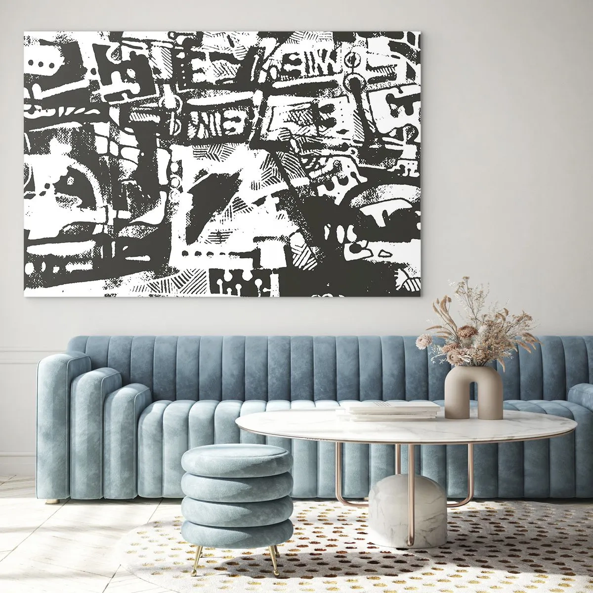 Tablou pe sticlă - Abstracție alb-negru cu motive geometrice și tehnice - 70x50cm - Ordine sau haos? - Decorațiune modernă pentru perete pentru living și dormitor ARTTOR