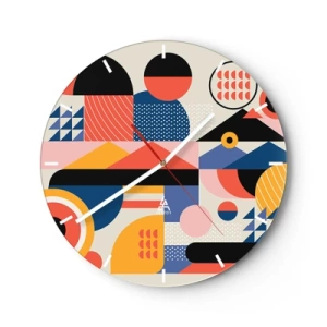 Ceas de perete - Ceas pe sticlă - Abstracție geometrică colorată în stil retro - 30x30cm - Compoziție: joacă-te - Decorațiune modernă pentru perete pentru living, bucătărie și dormitor ARTTOR