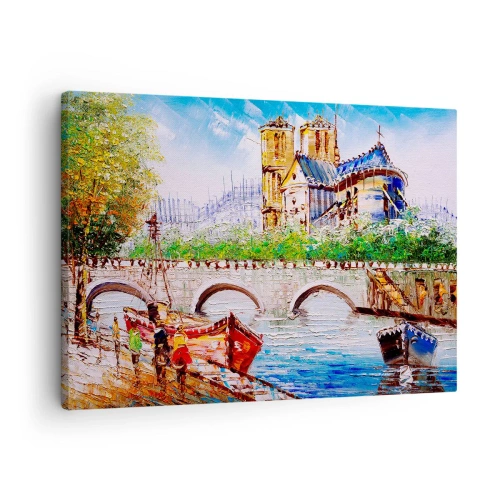 Tablou pe pânză Canvas - Peisaj cu un pod și o catedrală în stil clasic - 70x50cm - Timpul lor nu trece niciodată - Decorațiune modernă pentru perete pentru living și dormitor ARTTOR