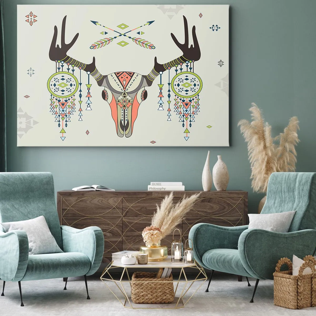 Tablou pe pânză Canvas - Decorațiune boho cu craniu de cerb și captoare de vise - 70x50cm - Trofeul vânătorului indian - Decorațiune modernă pentru perete pentru living și dormitor ARTTOR