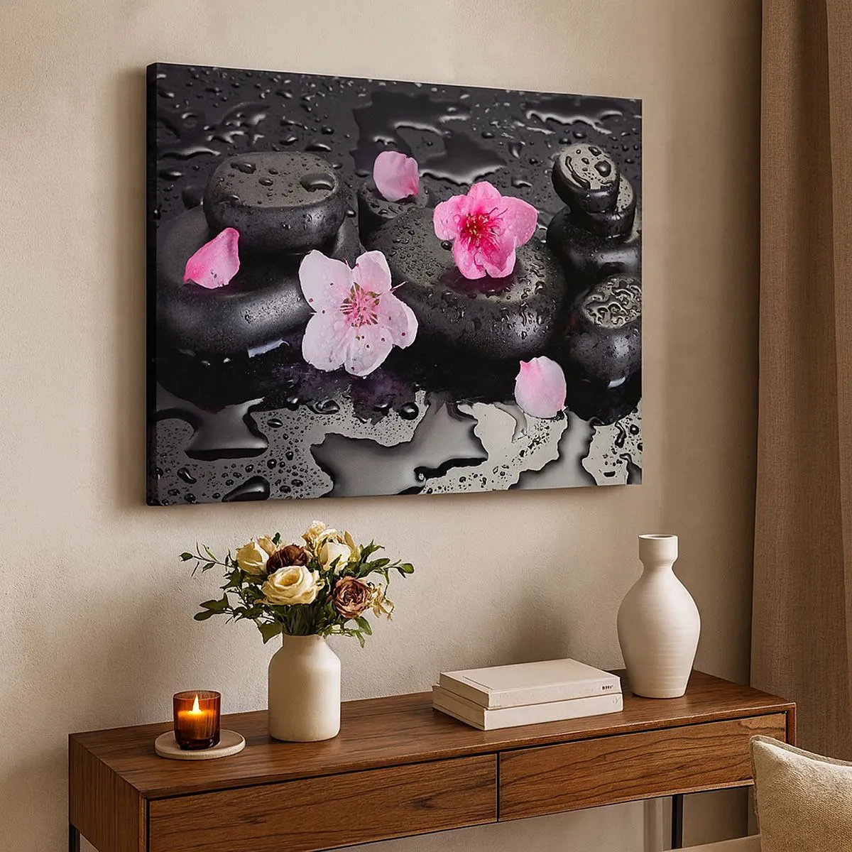 Tablou pe pânză Canvas - Pietre negre și flori roz în stil spa - 70x50cm - Piatră de pe inimă - Decorațiune modernă pentru perete pentru living și dormitor ARTTOR