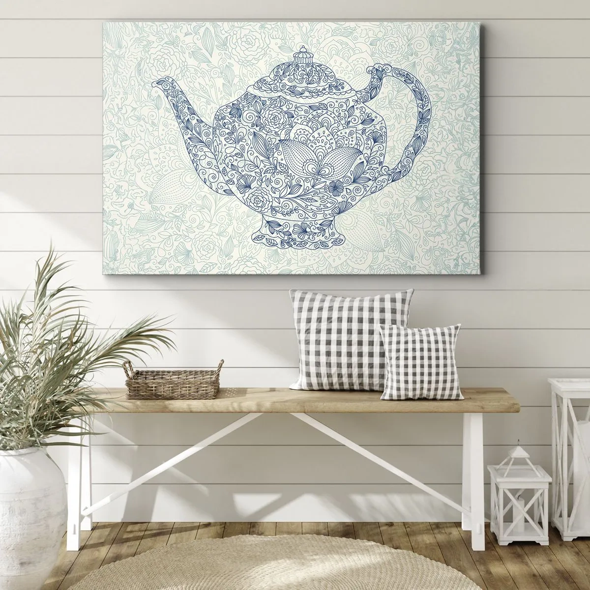 Tablou pe pânză Canvas - Desen decorativ al unui ceainic cu ornamente albastre - 70x50cm - Farmecul ceaiului - Decorațiune modernă pentru perete pentru living și dormitor ARTTOR