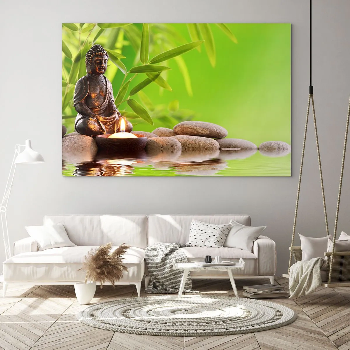 Tablou pe sticlă - O figură a lui Buddha cu o lumânare aprinsă într-un cadru verde - 70x50cm - Viața este frumoasă - Decorațiune modernă pentru perete pentru living și dormitor ARTTOR