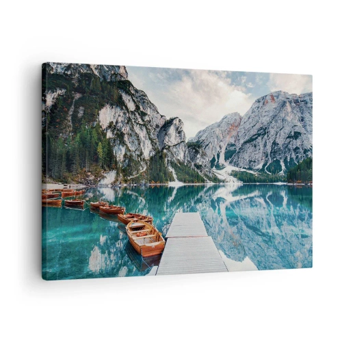 Tablou pe pânză Canvas - Un lac cu bărci înconjurat de munți - 70x50cm - Îți vom arăta frumusețea - Decorațiune modernă pentru perete pentru living și dormitor ARTTOR