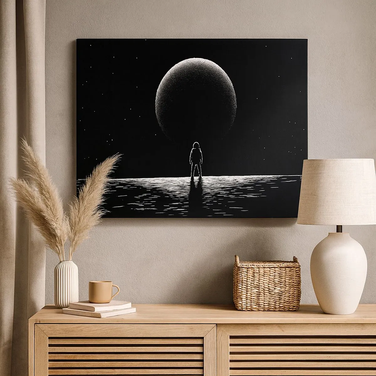 Tablou pe pânză Canvas - Un astronaut pe fundalul unei planete mari în spațiul cosmic - 70x50cm - Față în față - Decorațiune modernă pentru perete pentru living și dormitor ARTTOR