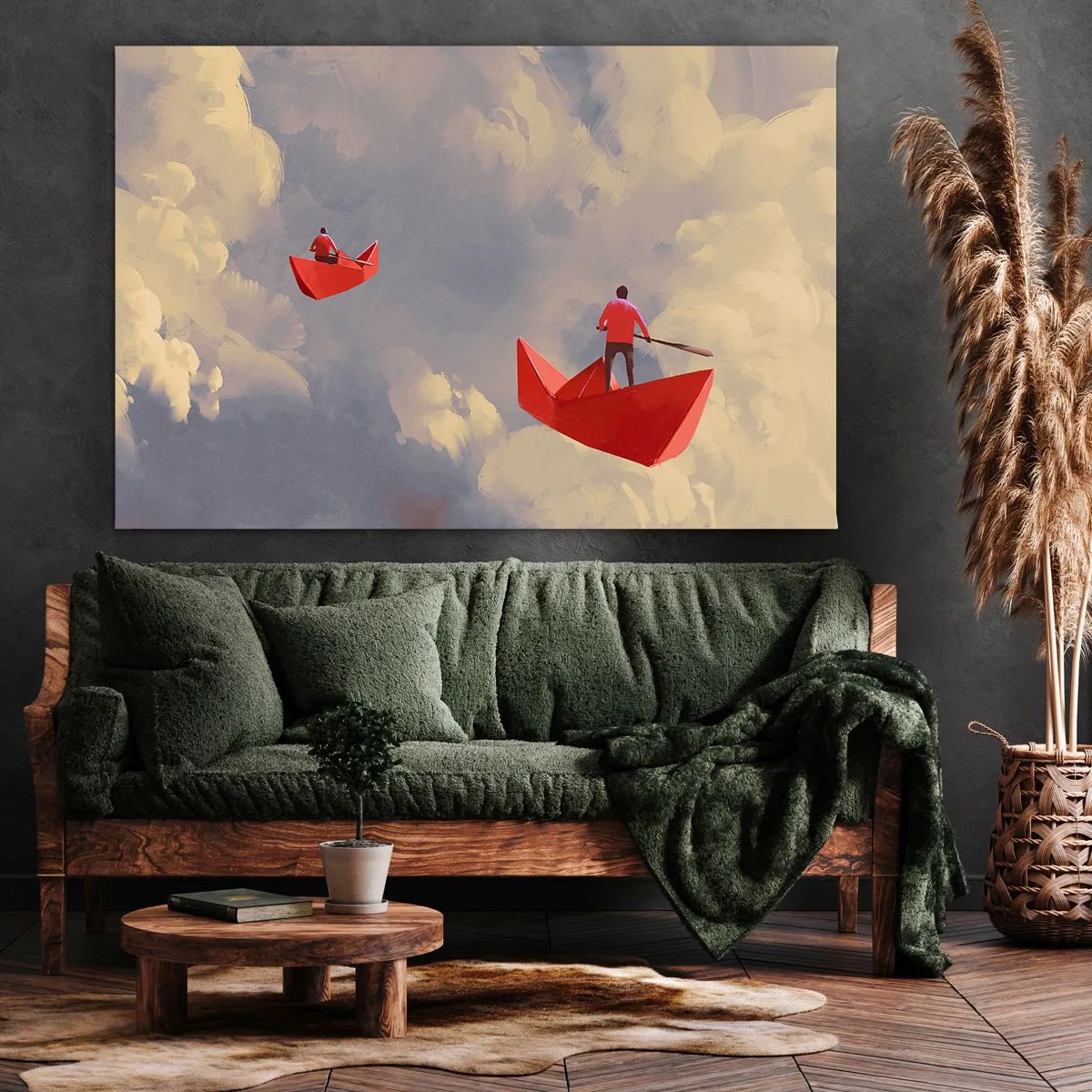 Tablou pe pânză Canvas - Bărcuțe roșii de hârtie plutind în nori - 70x50cm - Expediția visătorilor - Decorațiune modernă pentru perete pentru living și dormitor ARTTOR