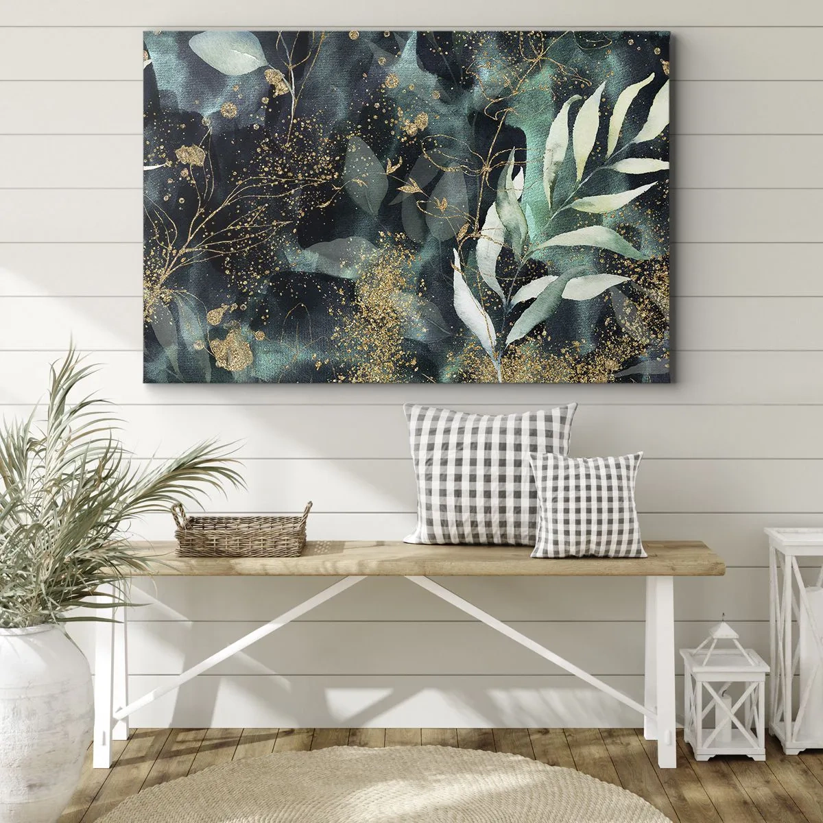 Tablou pe pânză Canvas - Frunze elegante pe un fundal închis cu accente aurii - 70x50cm - Grădina fermecată - Decorațiune modernă pentru perete pentru living și dormitor ARTTOR
