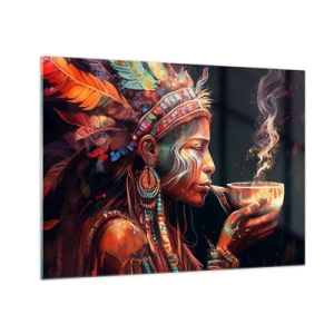 Tablou pe sticlă - O figură într-o coafură cu pene care bea o poțiune într-o atmosferă mistică - 70x50cm - Ritual magic - Decorațiune modernă pentru perete pentru living și dormitor ARTTOR