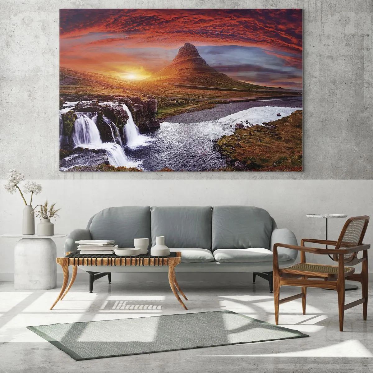 Tablou pe sticlă - Peisaj montan cu cascadă și apus de soare - 70x50cm - Imaginea Pământului de Mijloc - Decorațiune modernă pentru perete pentru living și dormitor ARTTOR