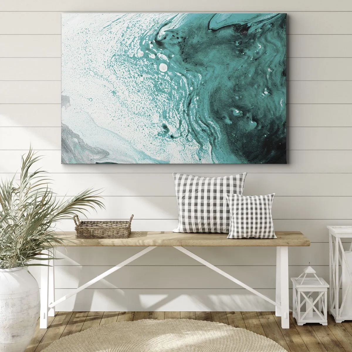 Tablou pe pânză Canvas - Compoziție abstractă în nuanțe de turcoaz pe fundal alb - 70x50cm - Dizolvându-se în alb și turcoaz - Decorațiune modernă pentru perete pentru living și dormitor ARTTOR