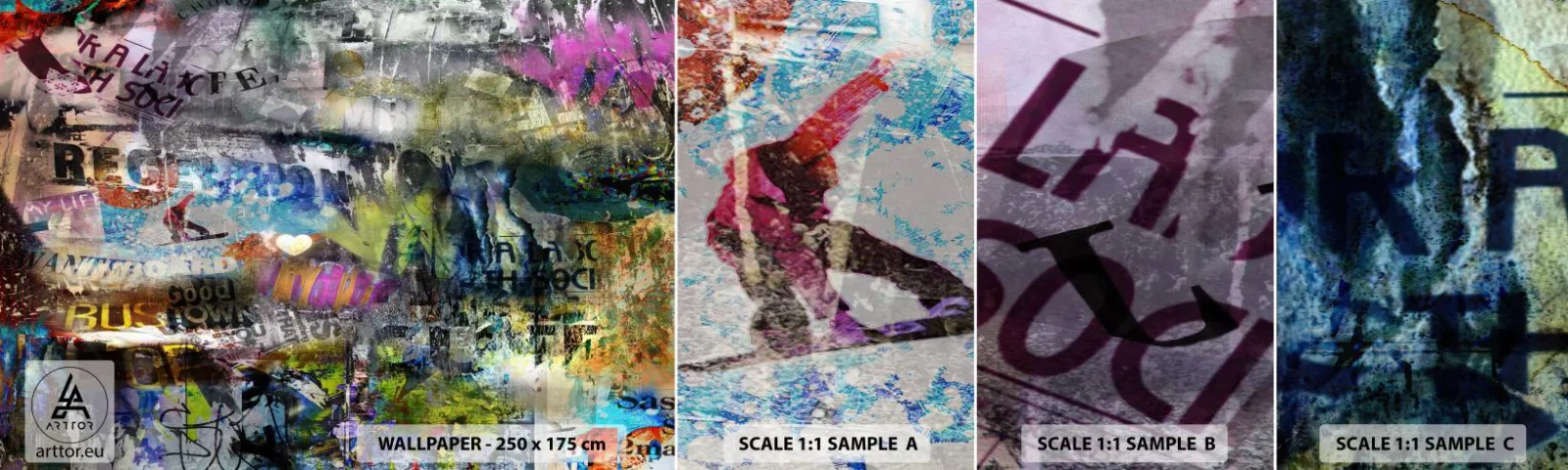 Mostră de Tapet Standard Eco - Colaj de amintiri - Graffiti, mural, Model modern - 100x30 cm