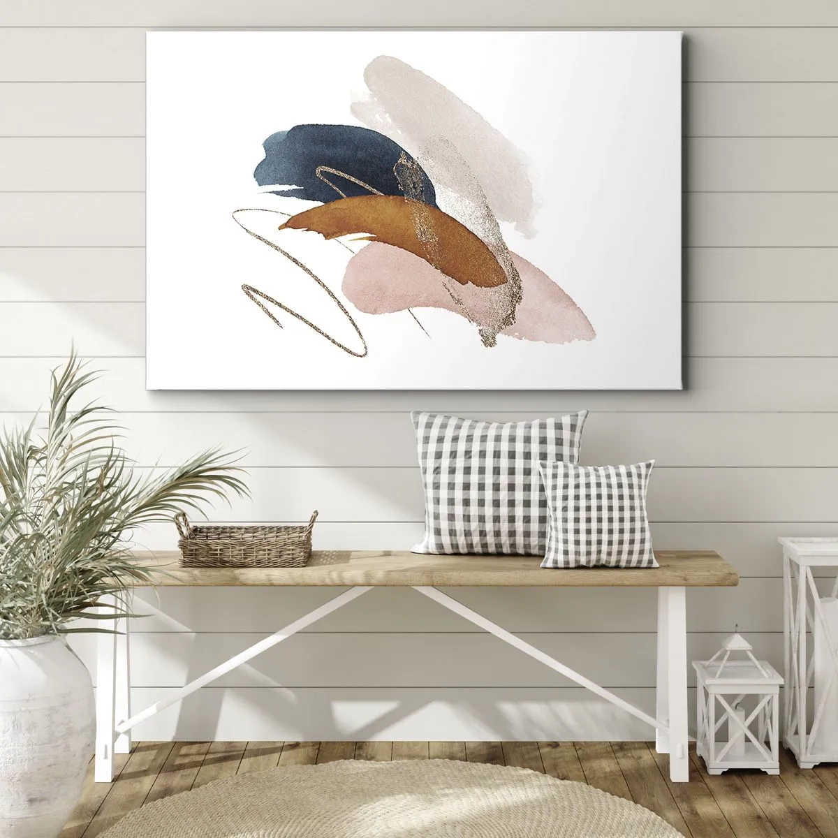 Tablou pe pânză Canvas - Linii abstracte în culori pastelate cu accente aurii - 70x50cm - Compoziție înaripată - Decorațiune modernă pentru perete pentru living și dormitor ARTTOR