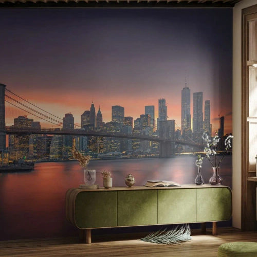 Tapet Premium Canvas - Scufundate în tăcerea liliachie - New York, Oraș, Podul Brooklyn - 350x256 cm