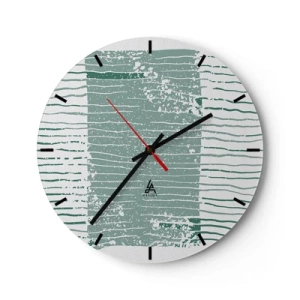 Ceas de perete - Ceas pe sticlă - O compoziție grafică cu linii orizontale în nuanțe de verde marin. - 30x30cm - Abstracție marină - Decorațiune modernă pentru perete pentru living, bucătărie și dormitor ARTTOR