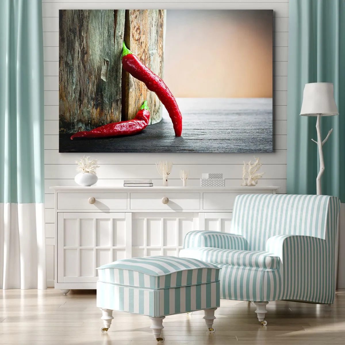 Tablou pe pânză Canvas - Doi ardei iute roșii pe un fundal de lemn cu accent rustic - 70x50cm - Red hot chili peppers - Decorațiune modernă pentru perete pentru living și dormitor ARTTOR
