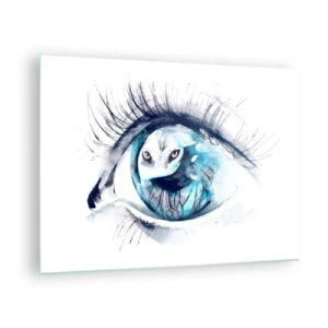 Tablou pe sticlă - Un ochi de femeie cu motiv de bufniță în stil acuarelă - 70x50cm - Ochi în ochi cu sălbăticia - Decorațiune modernă pentru perete pentru living și dormitor ARTTOR