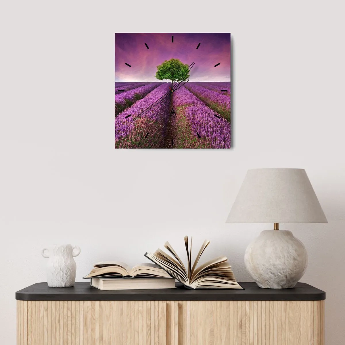 Ceas de perete - Ceas pe sticlă - În câmpurile de lavandă - 30x30 cm