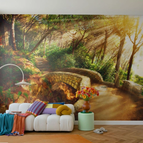 Tapet Premium Sand - Direct de pe pod în pădurea de basm - Peisaje, Scari de piatra, Raze de soare - 100x70 cm