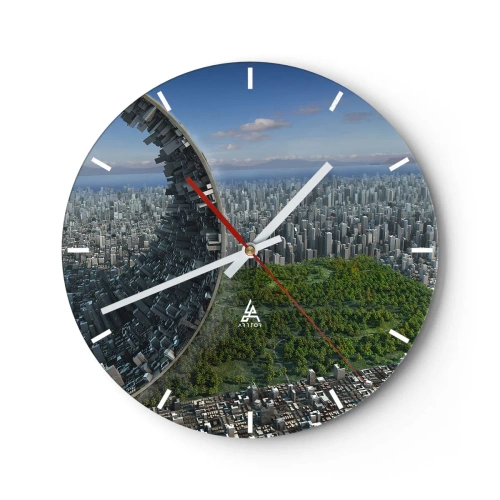 Ceas de perete - Ceas pe sticlă - Un oraș futurist cu o structură distrusă și verdeață în fundal. - 30x30cm - Natura este eternă - Decorațiune modernă pentru perete pentru living, bucătărie și dormitor ARTTOR