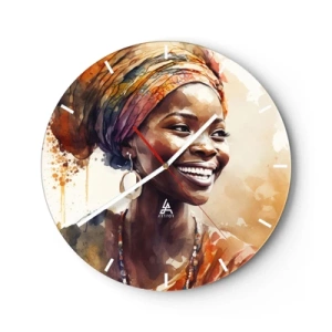 Ceas de perete - Ceas pe sticlă - femeie zâmbitoare cu turban pe un fundal de pete de acuarelă. - 30x30cm - Regina africană - Decorațiune modernă pentru perete pentru living, bucătărie și dormitor ARTTOR