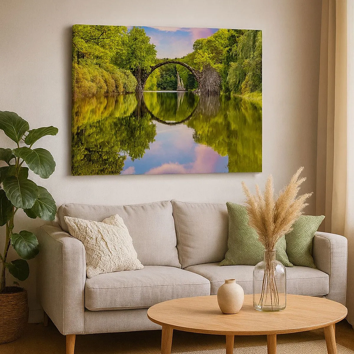 Tablou pe pânză Canvas - Un pod de piatră peste un râu cu o reflexie perfectă în apă - 70x50cm - La punctul de întâlnire a două lumi - Decorațiune modernă pentru perete pentru living și dormitor ARTTOR