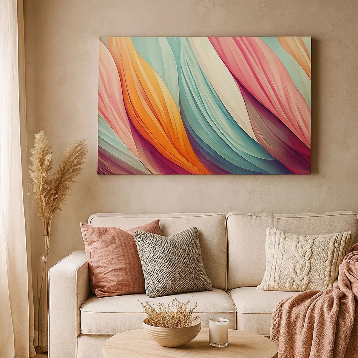 Tablou pe pânză Canvas - Linii abstracte în culori pastelate și vibrante - 70x50cm - Țesătură de curcubeu - Decorațiune modernă pentru perete pentru living și dormitor ARTTOR