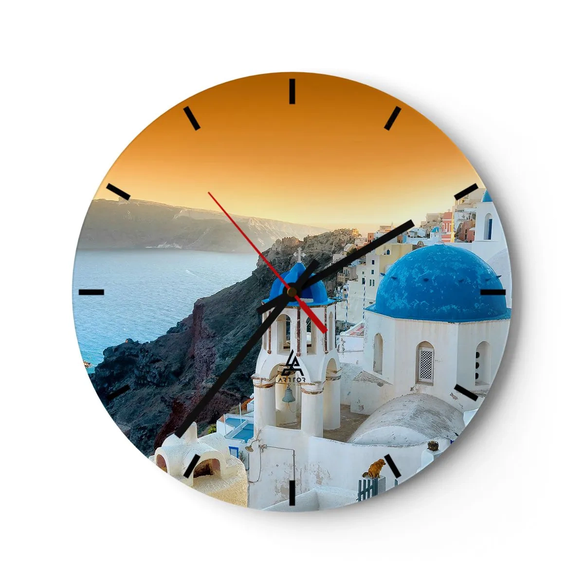 Ceas de perete - Ceas pe sticlă - Santorini - îmbrățișat de stânci - 40x40 cm