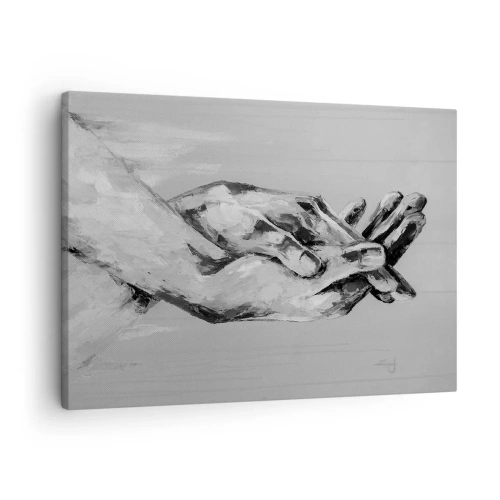 Tablou pe pânză Canvas - O compoziție alb-negru a două mâini împreunate pe un fundal deschis. - 70x50cm - Începutul... - Decorațiune modernă pentru perete pentru living și dormitor ARTTOR