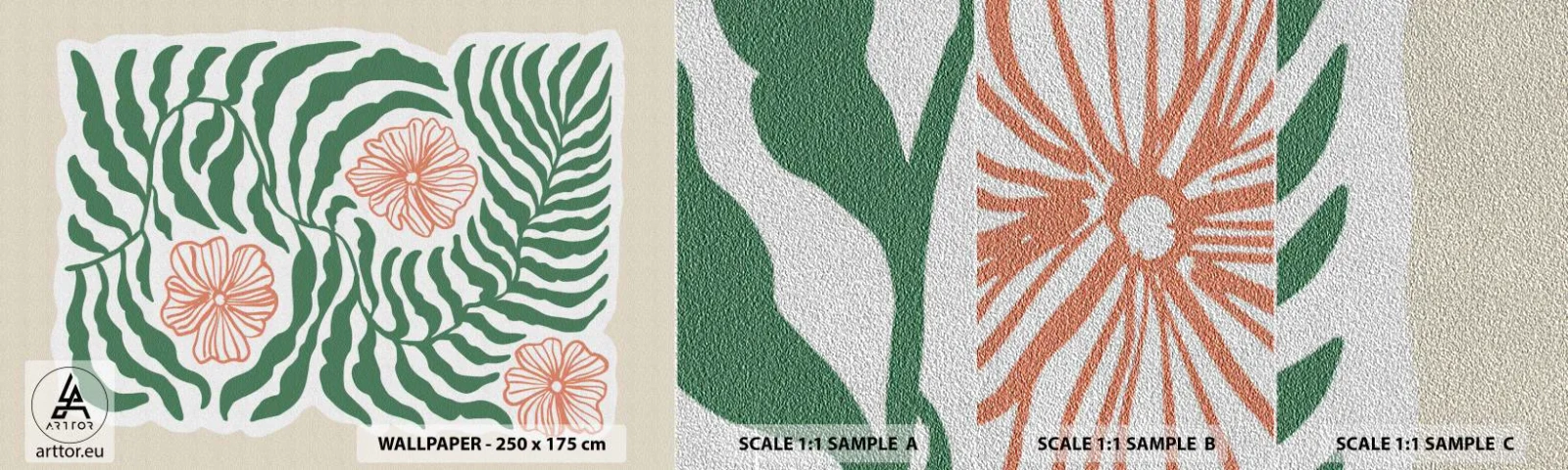 Mostră tapet Premium Sand - Înflorite în verde - Boho, Botanic, Flori - 100x30 cm