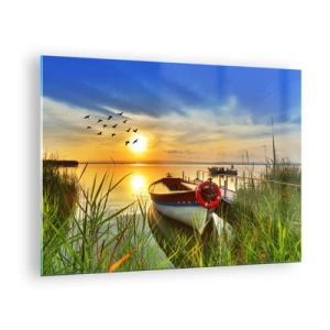 Tablou pe sticlă - O barcă pe un lac la apus cu păsări pe cer - 70x50cm - Cormoranii pleacă deja - Decorațiune modernă pentru perete pentru living și dormitor ARTTOR