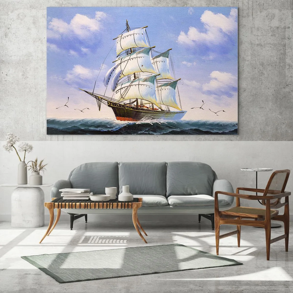 Tablou pe sticlă - O navă cu pânze în largul mării sub un cer albastru - 70x50cm - Cu mândrie în vânt - Decorațiune modernă pentru perete pentru living și dormitor ARTTOR