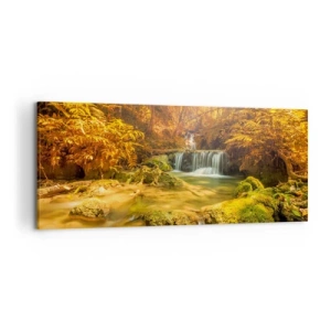 Tablou pe pânză - Cascadă de pădure în aur - 120x50 cm