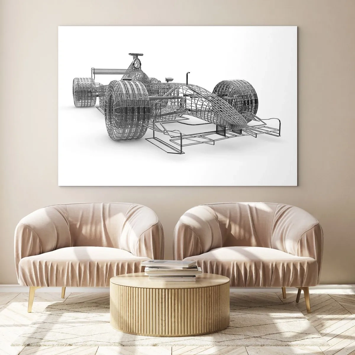 Tablou pe sticlă - Desen tehnic în stil 3D al unei mașini de curse - 70x50cm - Designul ideal - ideea de impuls - Decorațiune modernă pentru perete pentru living și dormitor ARTTOR