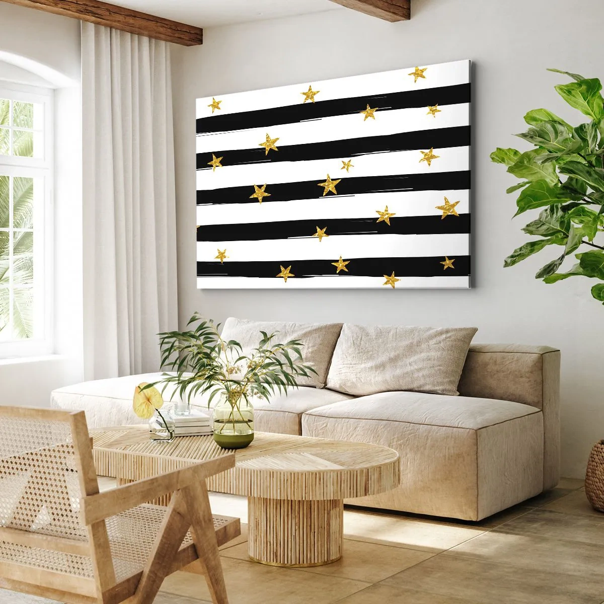 Tablou pe pânză Canvas - Dungi albe și negre cu stele aurii - 70x50cm - Cu toții ne-am născut sub o stea norocoasă - Decorațiune modernă pentru perete pentru living și dormitor ARTTOR