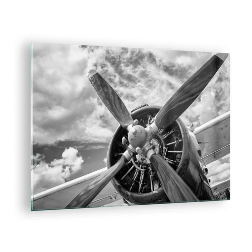 Tablou pe sticlă - Un prim-plan al unei elice de avion, în alb și negru. - 70x50cm - Cuceritorul cerului - Decorațiune modernă pentru perete pentru living și dormitor ARTTOR