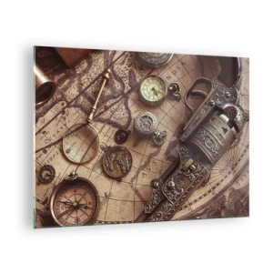 Tablou pe sticlă - Obiecte antice și o hartă - 70x50cm - Sugestii de aventură - Decorațiune modernă pentru perete pentru living și dormitor ARTTOR