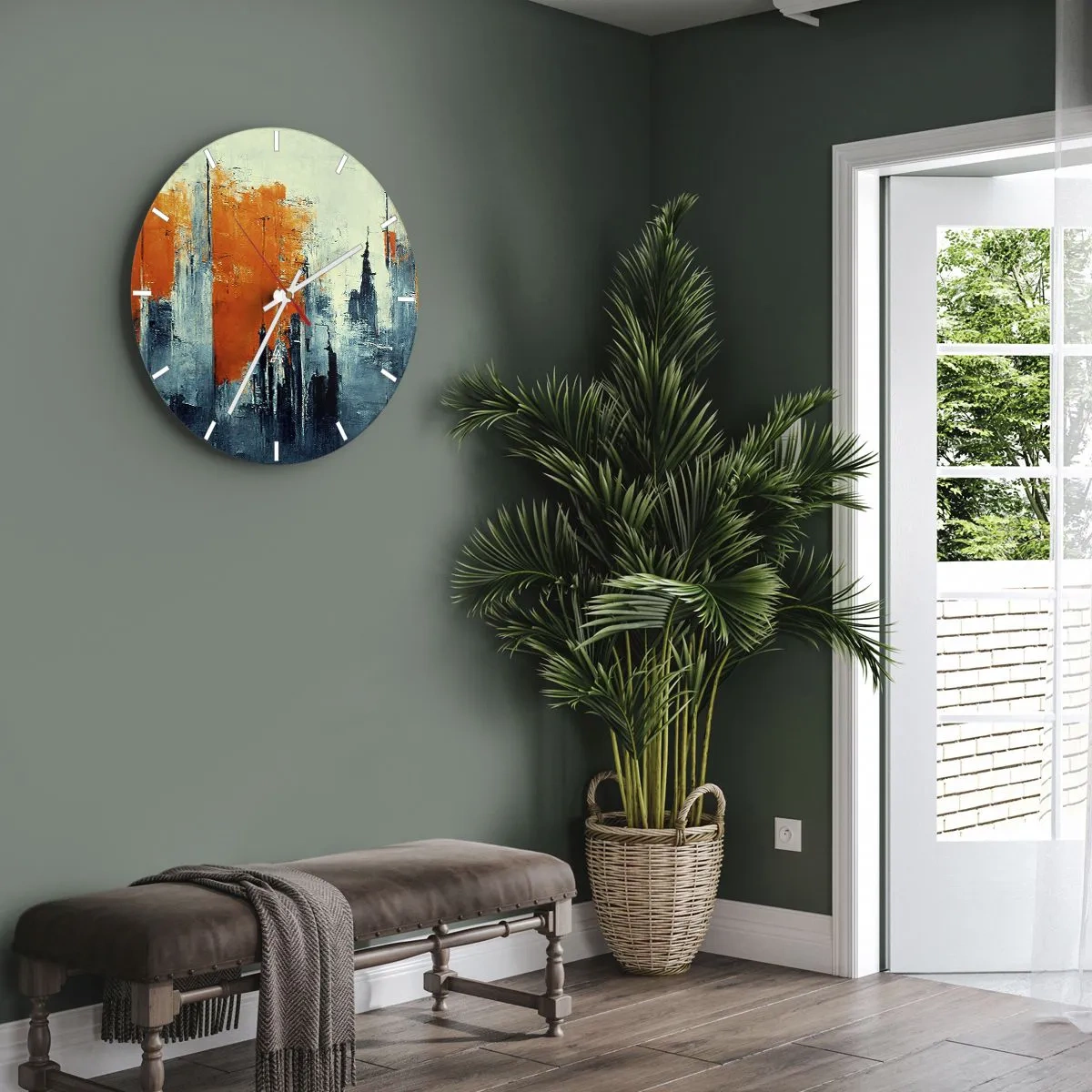 Ceas de perete - Ceas pe sticlă - Panoramă abstractă a orașului în nuanțe de portocaliu și albastru marin - 30x30cm - Peisaj modern - Decorațiune modernă pentru perete pentru living, bucătărie și dormitor ARTTOR