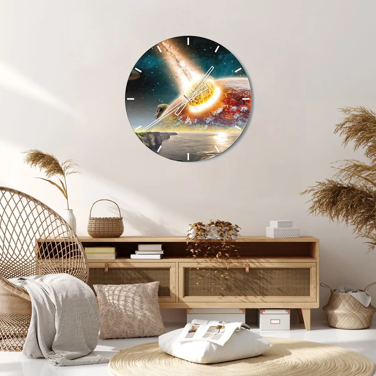 Ceas de perete - Ceas pe sticlă - Coliziunea unui asteroid cu Pământul în fundalul cosmic - 30x30cm - Drama spațială - Decorațiune modernă pentru perete pentru living, bucătărie și dormitor ARTTOR
