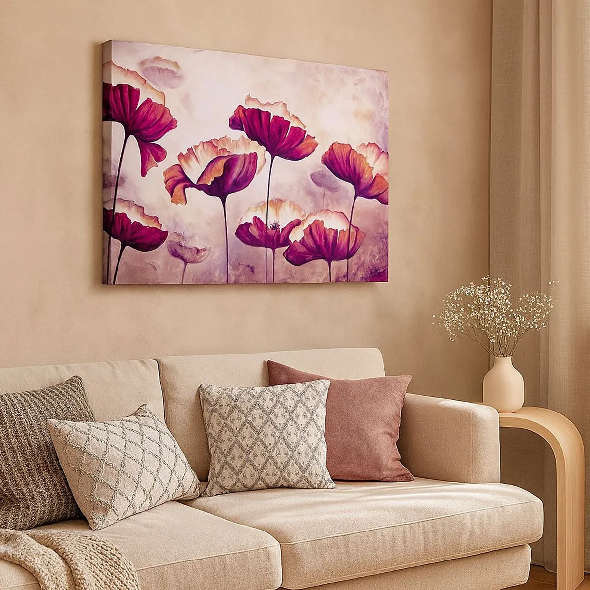 Tablou pe pânză Canvas - Flori în nuanțe de roșu și alb pe un fundal subtil - 70x50cm - Fulgi roșii și albi - Decorațiune modernă pentru perete pentru living și dormitor ARTTOR