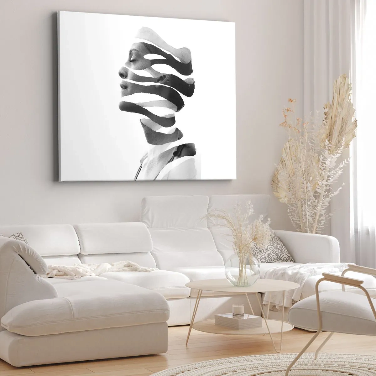 Tablou pe pânză Canvas - Portret alb-negru al unei femei cu un efect suprarealist de dungi - 70x50cm - Un portret suprarealist - Decorațiune modernă pentru perete pentru living și dormitor ARTTOR