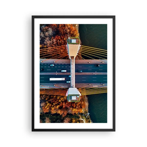 Poster în ramă neagră - Vedere de sus a unui pod modern cu mașini și frânghii galbene - 50x70cm - Din pădure spre apă - Decorațiune modernă pentru perete pentru living și dormitor ARTTOR