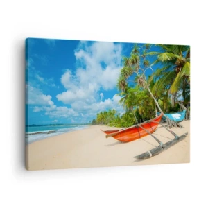 Tablou pe pânză Canvas - Plajă tropicală cu palmieri și bărci colorate - 70x50cm - Farmecul tropicelor - Decorațiune modernă pentru perete pentru living și dormitor ARTTOR