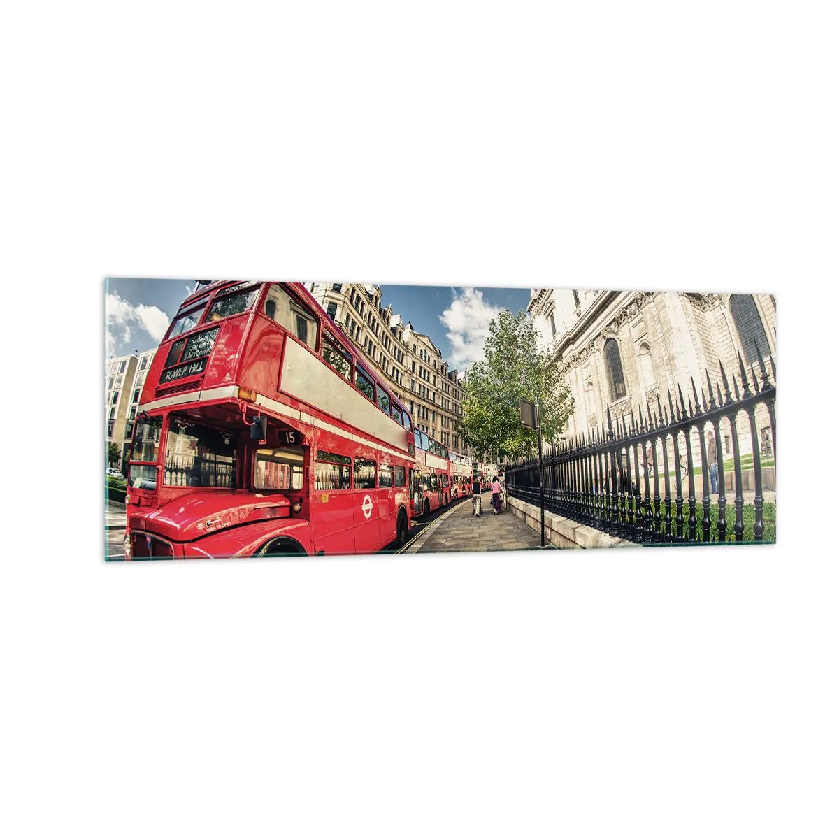 Tablou pe sticlă - Stradă din Londra în gri și roșu - 140x50 cm