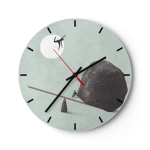 Ceas de perete - Ceas pe sticlă - Un personaj este catapultat de pe un balansoar de o stâncă spre lună. - 30x30cm - Visul îndeplinit - Decorațiune modernă pentru perete pentru living, bucătărie și dormitor ARTTOR