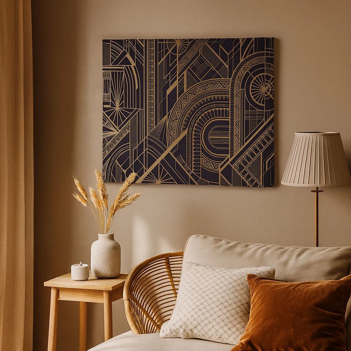 Tablou pe pânză Canvas - Modele geometrice aurii pe fundal negru în stil Art Deco - 70x50cm - Concepte, idei, planuri - Decorațiune modernă pentru perete pentru living și dormitor ARTTOR